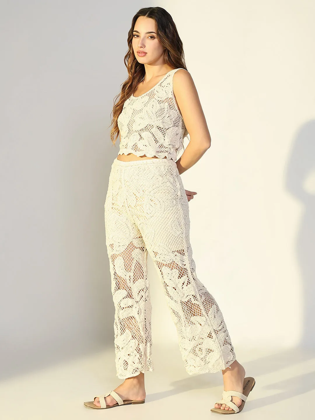 SHOWOFFFF Edition Women's Embroidered Cream Mesh Co-Ords Set