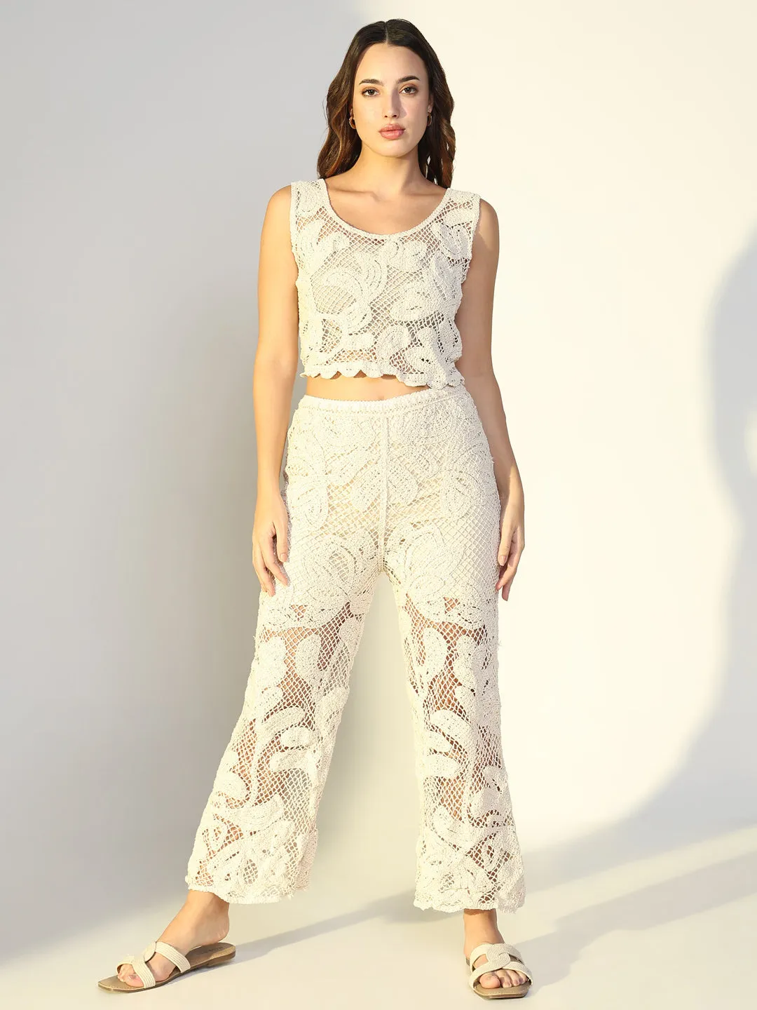 SHOWOFFFF Edition Women's Embroidered Cream Mesh Co-Ords Set
