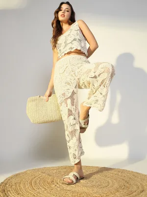 SHOWOFFFF Edition Women's Embroidered Cream Mesh Co-Ords Set