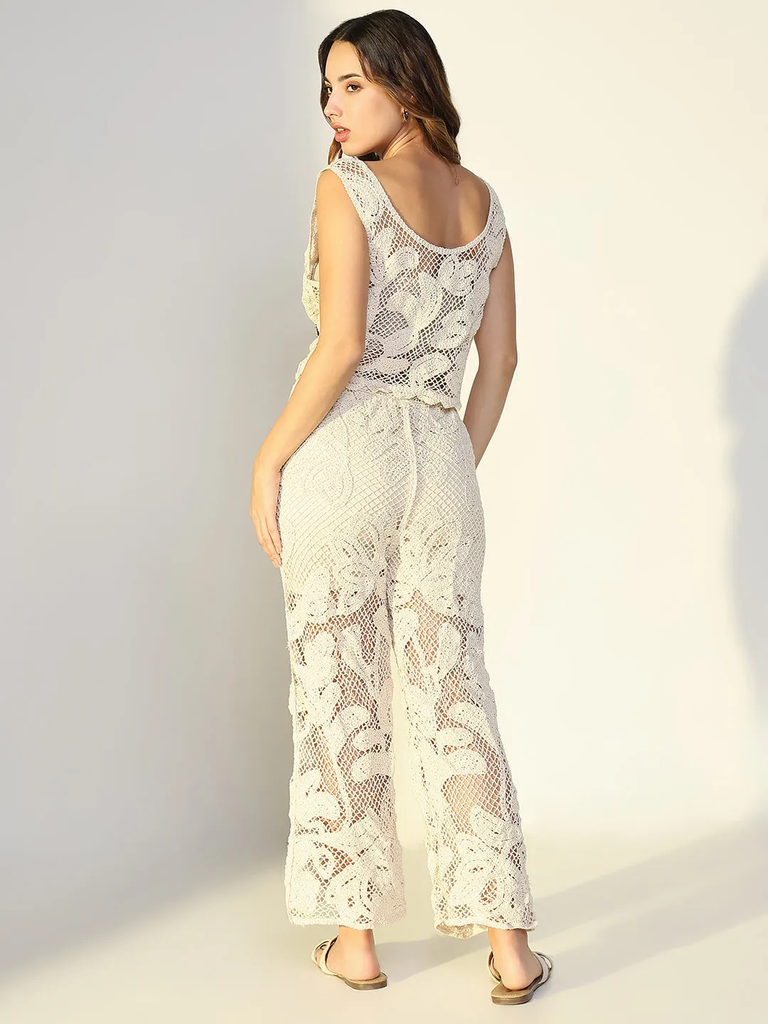 SHOWOFFFF Edition Women's Embroidered Cream Mesh Co-Ords Set