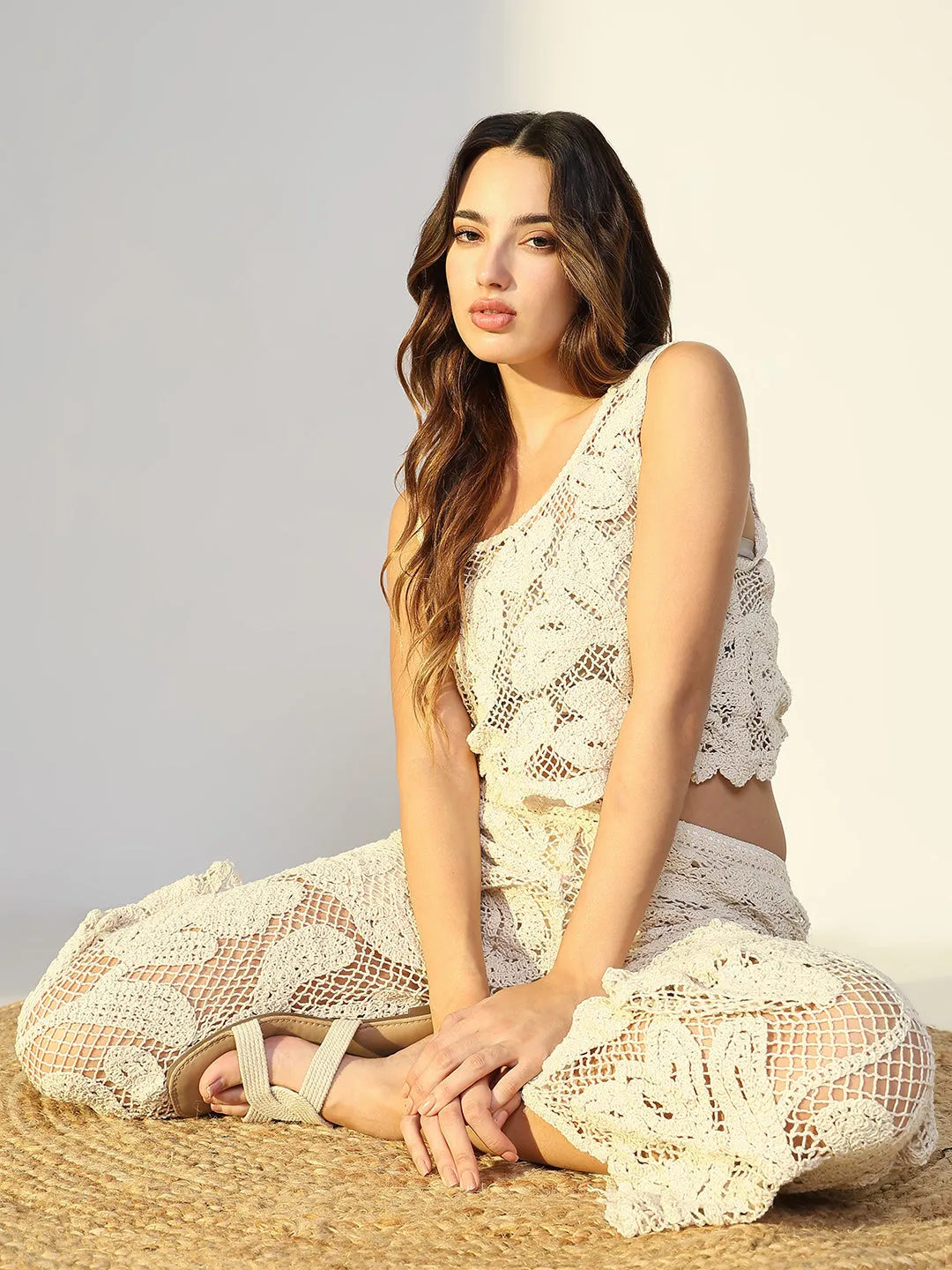 SHOWOFFFF Edition Women's Embroidered Cream Mesh Co-Ords Set