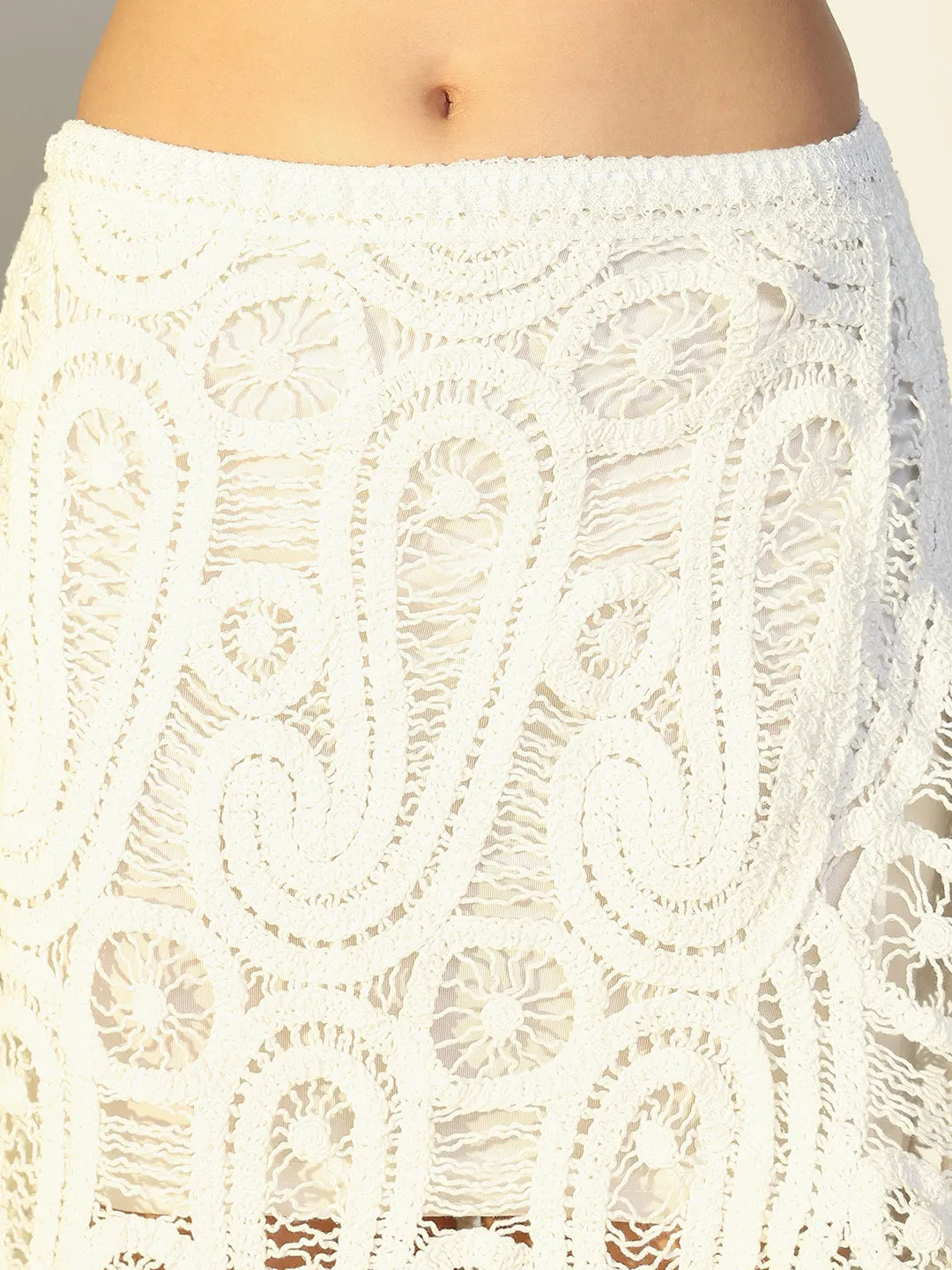 SHOWOFFFF Edition Women's Embroidered White Crochet Skirt Co-Ords Set