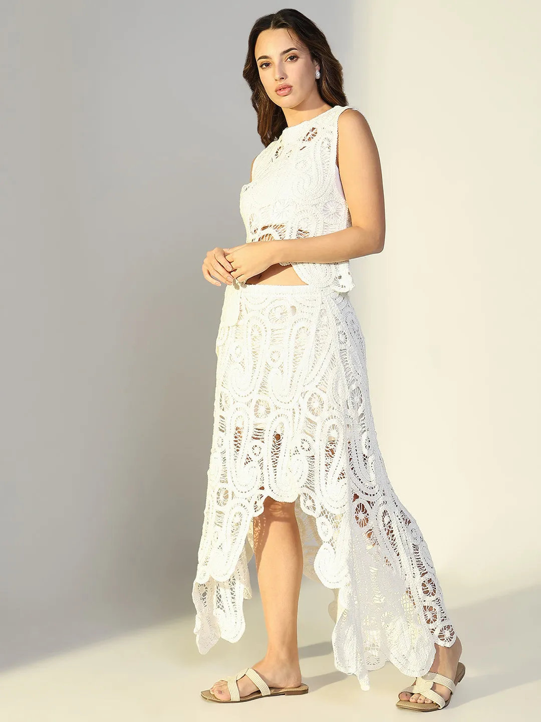 SHOWOFFFF Edition Women's Embroidered White Crochet Skirt Co-Ords Set