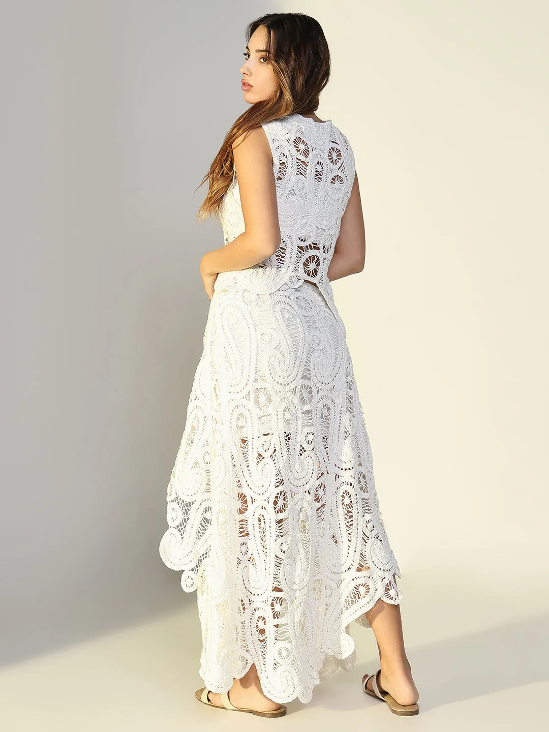SHOWOFFFF Edition Women's Embroidered White Crochet Skirt Co-Ords Set