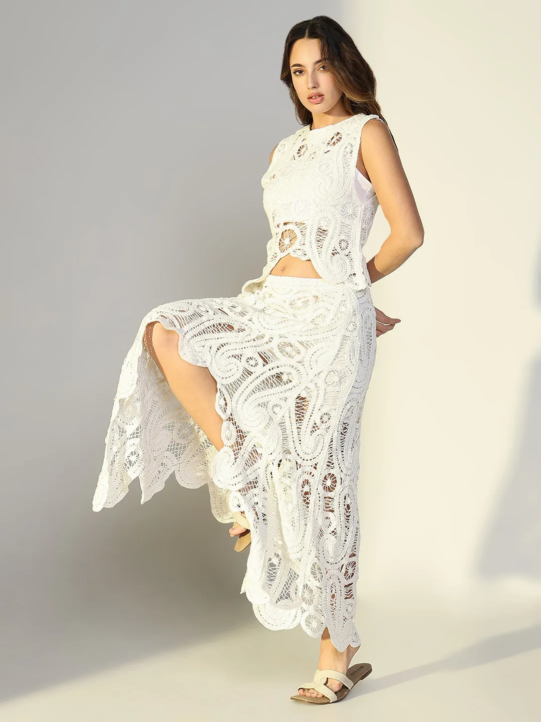 SHOWOFFFF Edition Women's Embroidered White Crochet Skirt Co-Ords Set