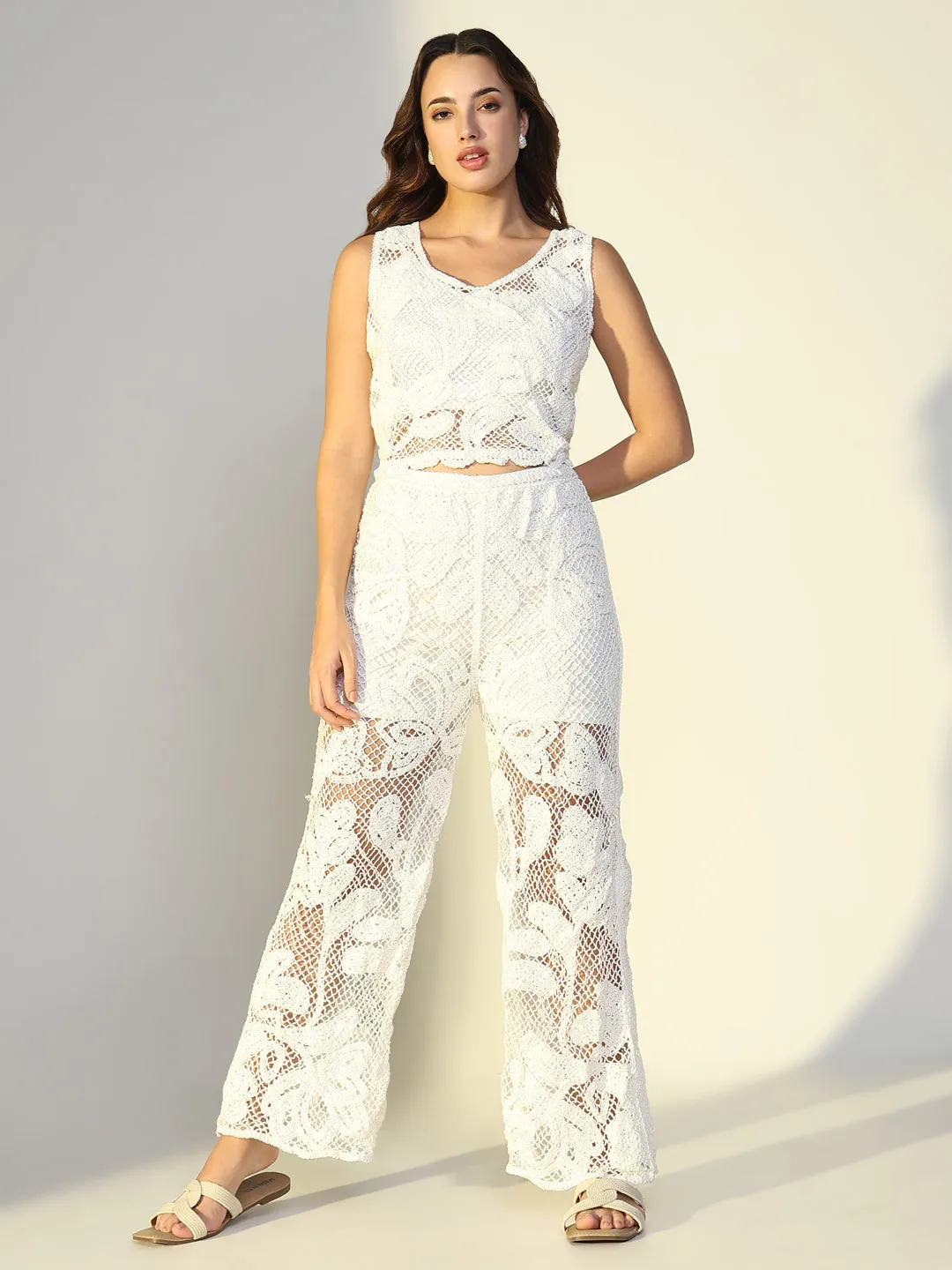 SHOWOFFFF Edition Women's Embroidered White Mesh Co-Ords Set