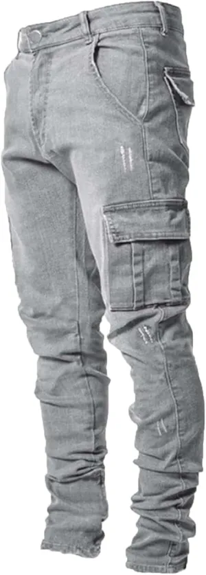 Skinny Cargo Jeans Men's Casual Stylish Straight Slim Fit Jeans Young Hiphop Ripped Hole Destroyed Denim Pants