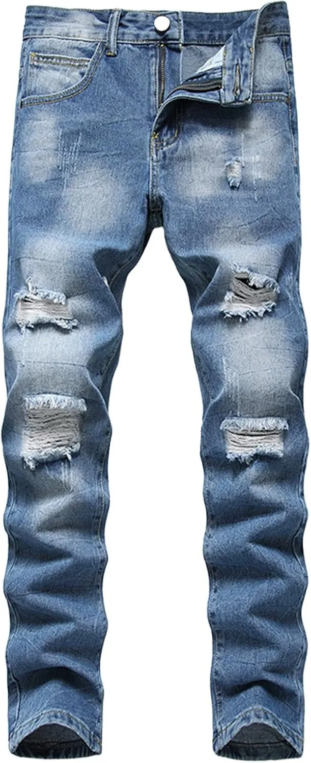 Slim Fit Ripped Jeans for Men Destroyed Distressed Stretch Slim Jeans Pants Hip Hop Y2K Streetwear Denim Pants