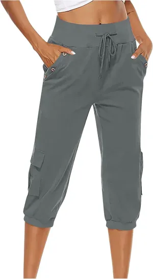 SMIDOW Capri Pants for Women Dressy Casual Drawstring Elastic High Waist Cotton Linen Trousers Active Running Sweatpants