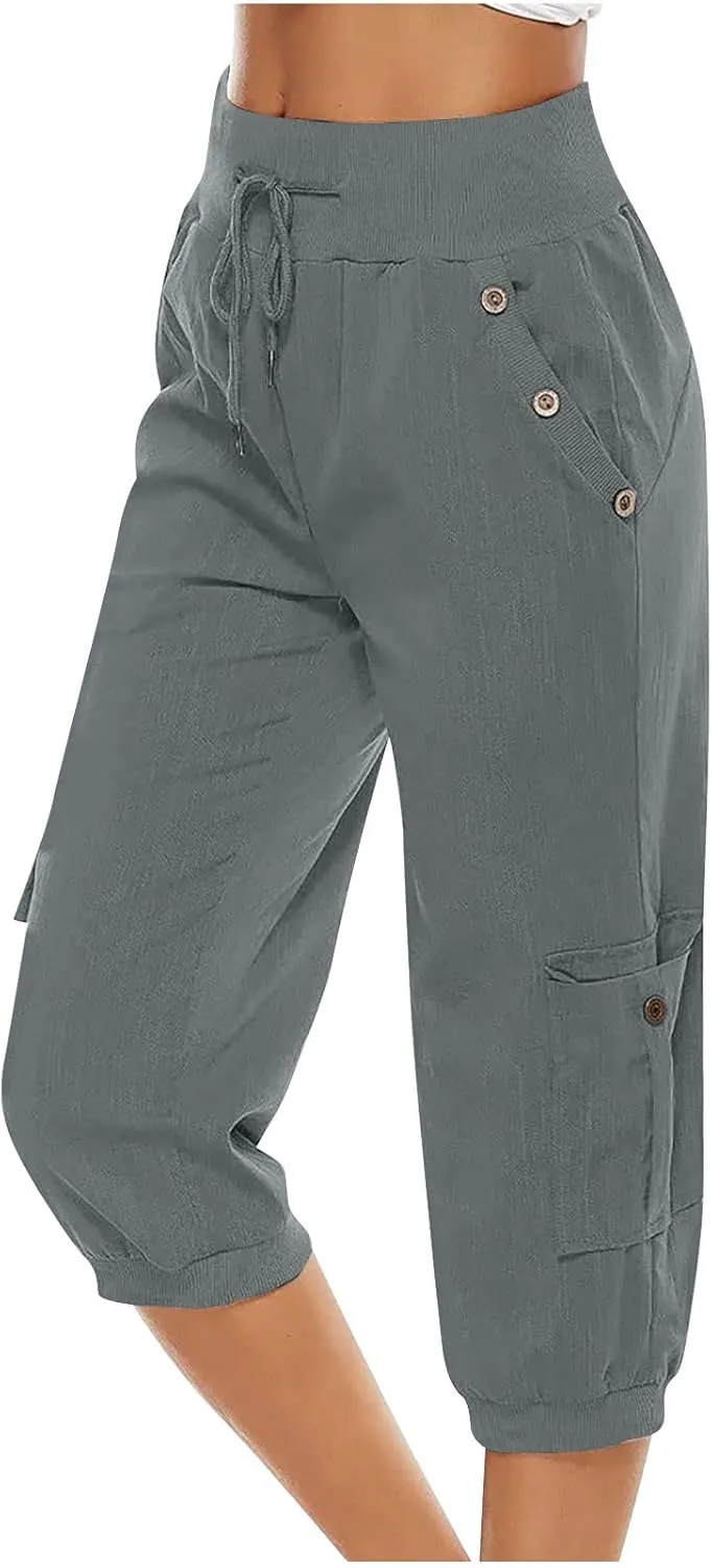 SMIDOW Capri Pants for Women Dressy Casual Drawstring Elastic High Waist Cotton Linen Trousers Active Running Sweatpants