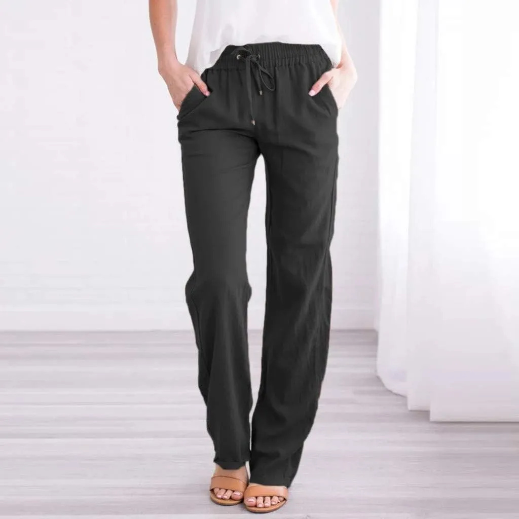 Solid Plain Linen Pants Women Casual Cotton Linen Drawstring Elastic Waist Long Straight Pants Spring Summer Trousers