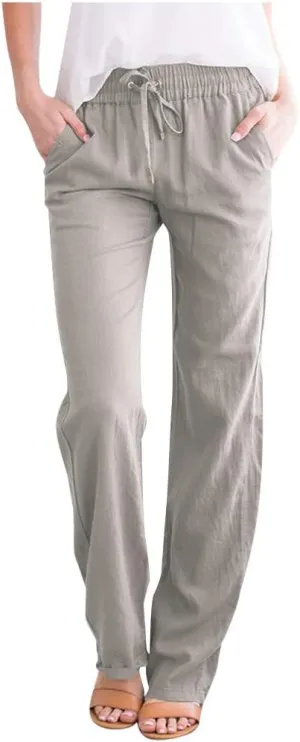 Solid Plain Linen Pants Women Casual Cotton Linen Drawstring Elastic Waist Long Straight Pants Spring Summer Trousers