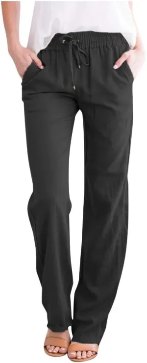Solid Plain Linen Pants Women Casual Cotton Linen Drawstring Elastic Waist Long Straight Pants Spring Summer Trousers
