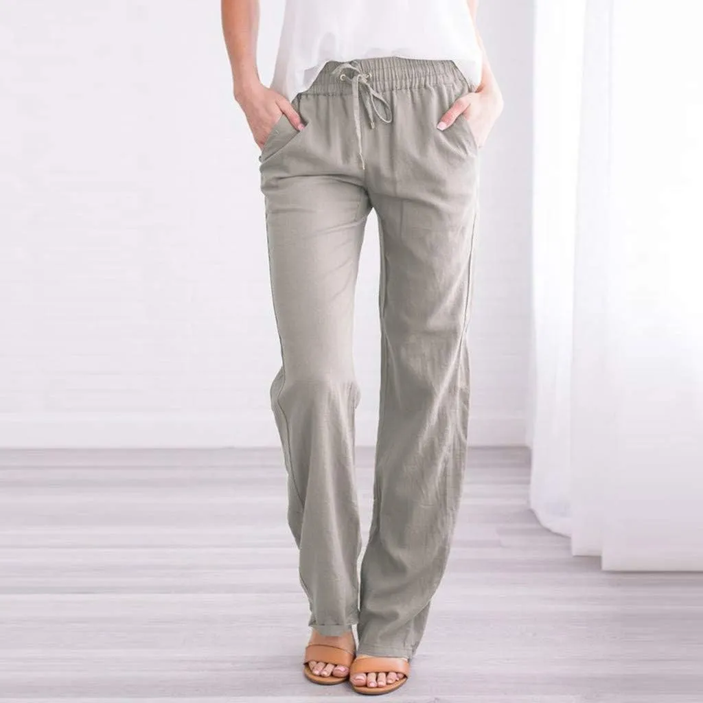 Solid Plain Linen Pants Women Casual Cotton Linen Drawstring Elastic Waist Long Straight Pants Spring Summer Trousers