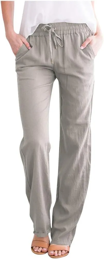 Solid Plain Linen Pants Women Casual Cotton Linen Drawstring Elastic Waist Long Straight Pants Spring Summer Trousers