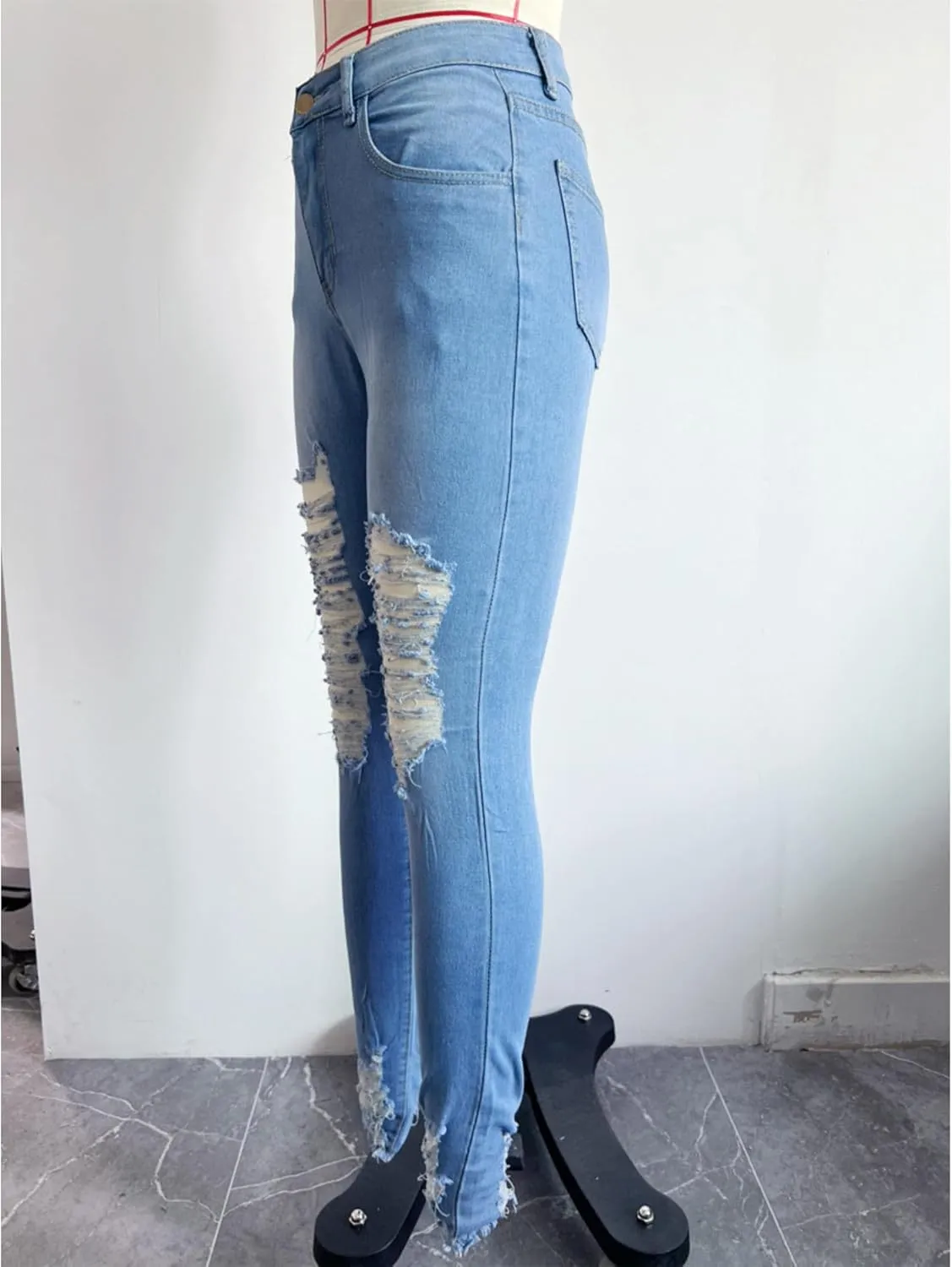 SOMTHRON Women's High Rise Distressed Slim Punk Denim Jeans High Waist Skinny Destroyed Ripped Pencil Jeans Pants