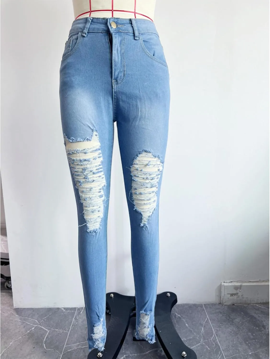 SOMTHRON Women's High Rise Distressed Slim Punk Denim Jeans High Waist Skinny Destroyed Ripped Pencil Jeans Pants