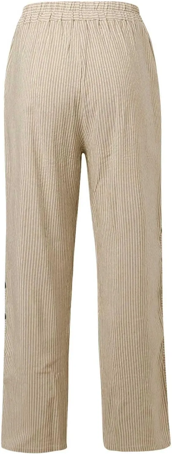 Striped Linen Pants Women 2025 Casual Summer Pants Side Button Elastic Waist Pants Straight Leg Trousers with Pockets