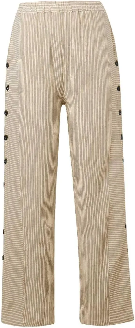 Striped Linen Pants Women 2025 Casual Summer Pants Side Button Elastic Waist Pants Straight Leg Trousers with Pockets