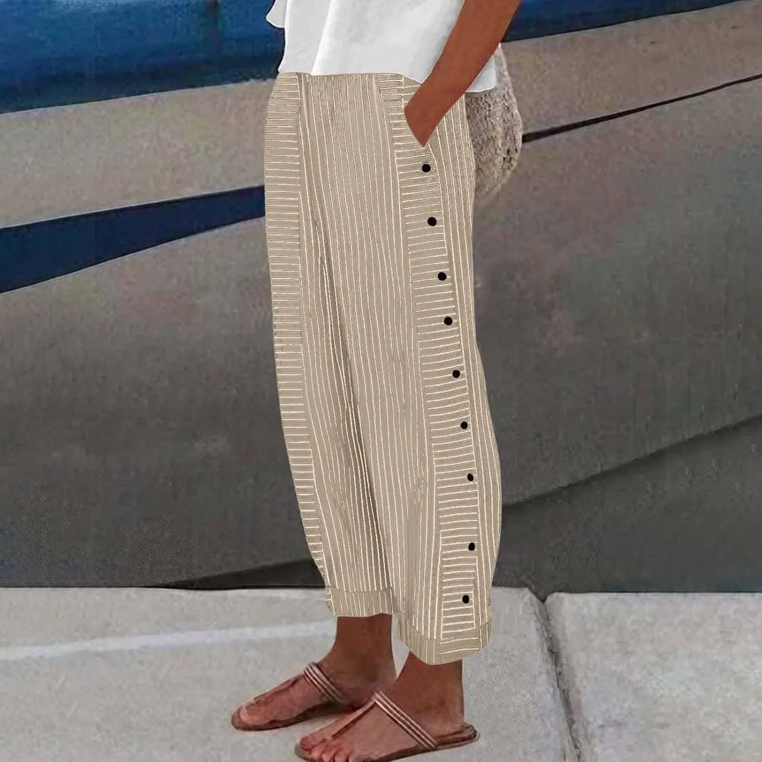 Striped Linen Pants Women 2025 Casual Summer Pants Side Button Elastic Waist Pants Straight Leg Trousers with Pockets