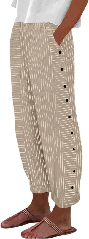 Striped Linen Pants Women 2025 Casual Summer Pants Side Button Elastic Waist Pants Straight Leg Trousers with Pockets