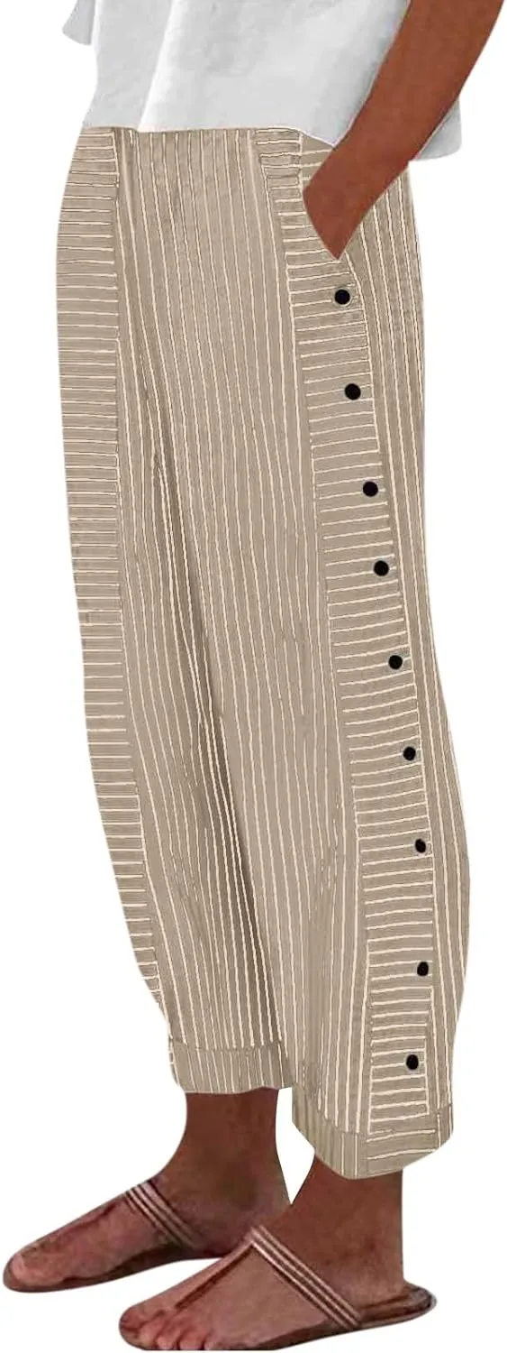 Striped Linen Pants Women 2025 Casual Summer Pants Side Button Elastic Waist Pants Straight Leg Trousers with Pockets
