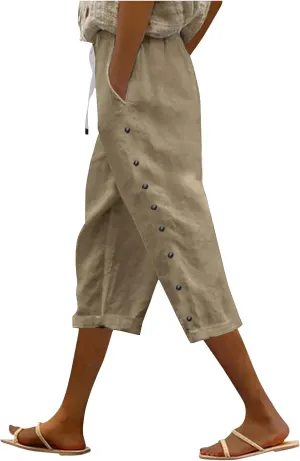 Summer Linen Capri Pants for Women Casual Button Design Elastic High Waist Linen Pants Straight Leg Cropped Trouser