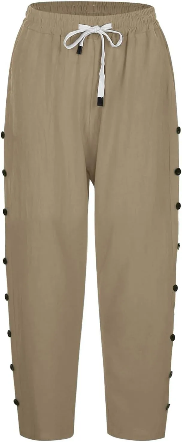 Summer Linen Capri Pants for Women Casual Button Design Elastic High Waist Linen Pants Straight Leg Cropped Trouser