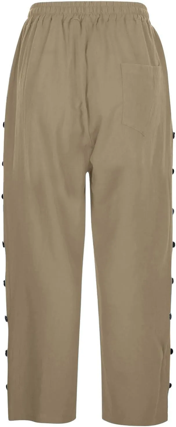 Summer Linen Capri Pants for Women Casual Button Design Elastic High Waist Linen Pants Straight Leg Cropped Trouser