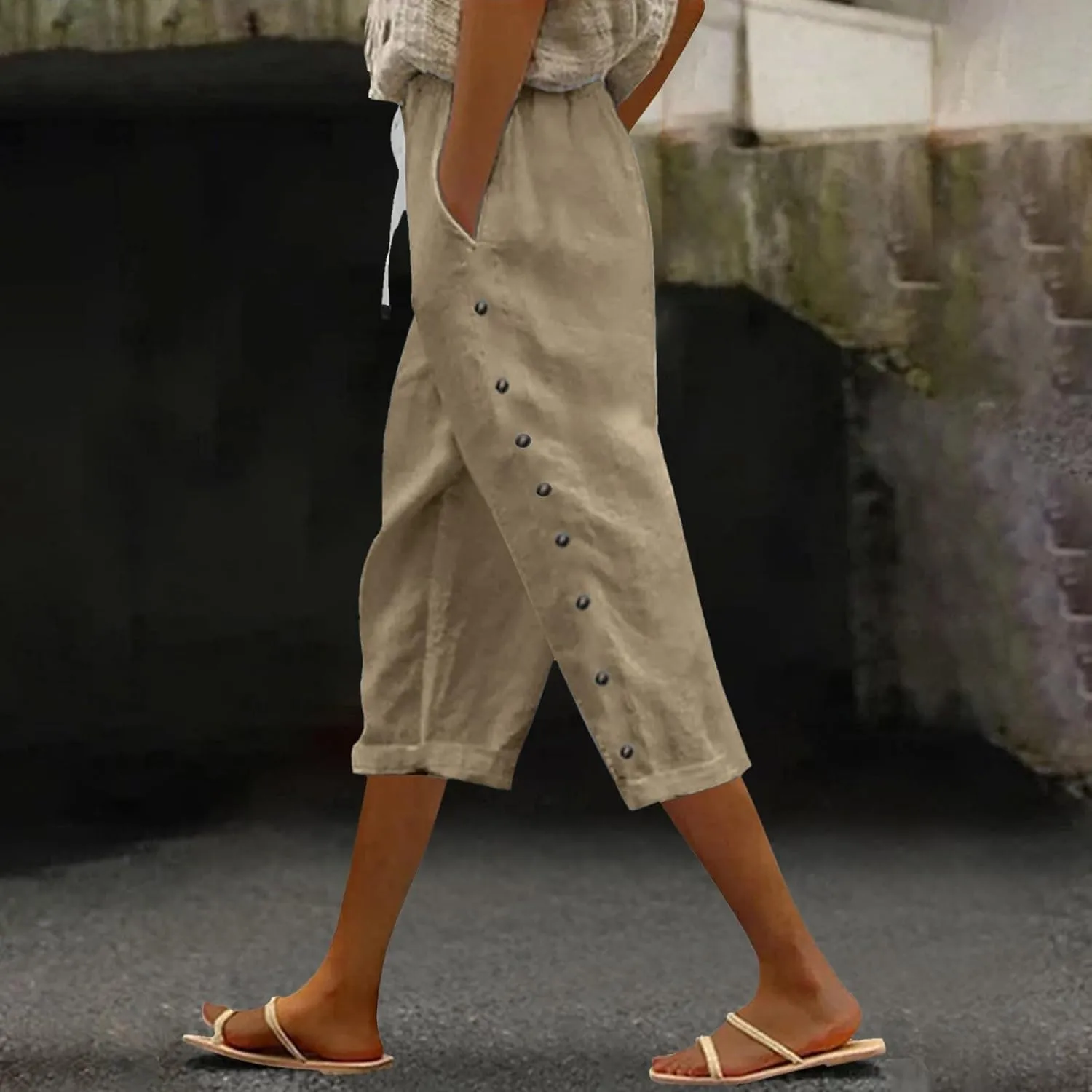 Summer Linen Capri Pants for Women Casual Button Design Elastic High Waist Linen Pants Straight Leg Cropped Trouser