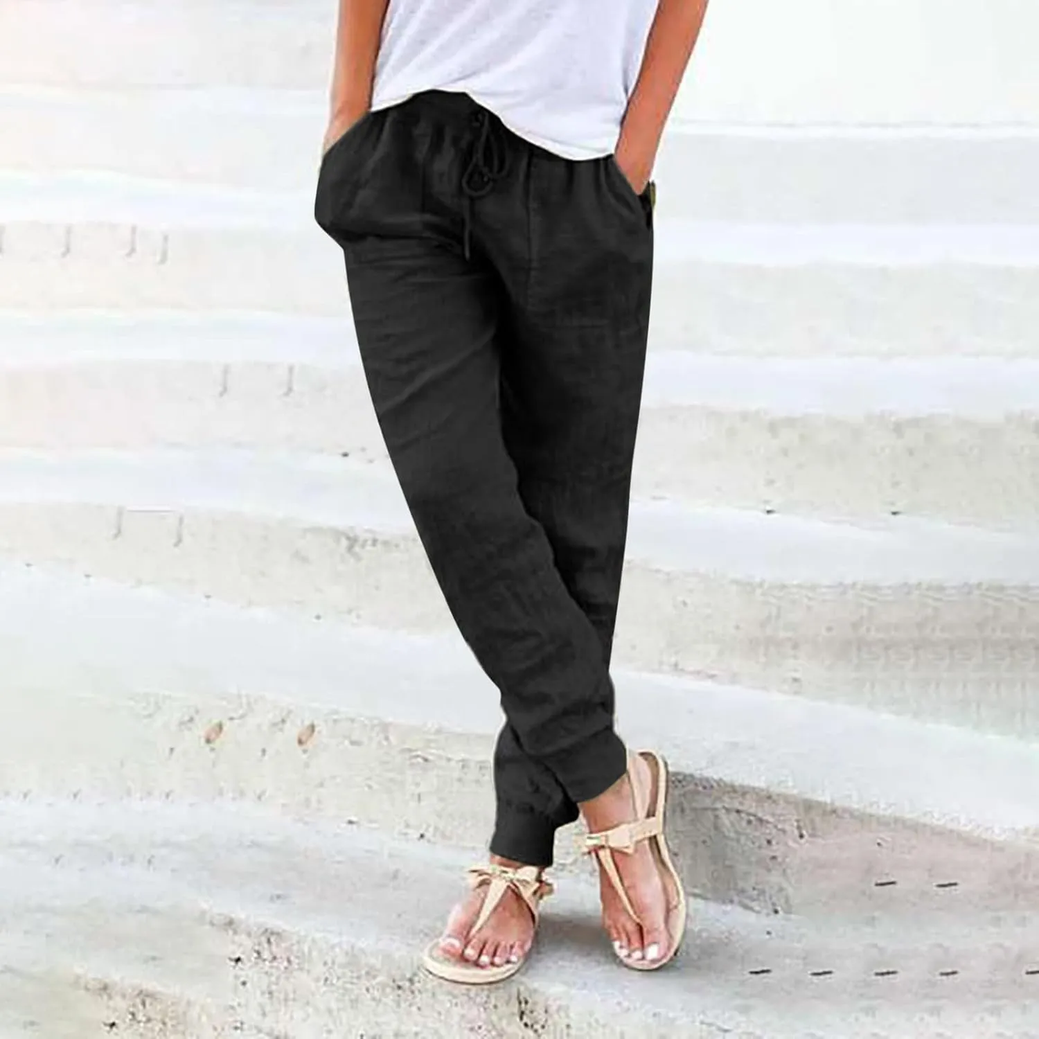 Summer Linen Pants For Women 2024 Pants Straight Leg Beach Pants Drawstring High Waist Comfy Trousers with Pockets