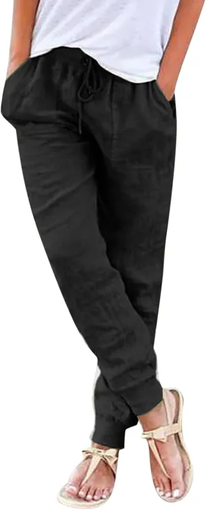 Summer Linen Pants For Women 2024 Pants Straight Leg Beach Pants Drawstring High Waist Comfy Trousers with Pockets