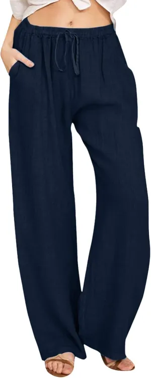 Summer Linen Pants for Womens 2025 Wide Leg Baggy Drawstring Elastic Waisted Palazzo Harem Trousers with Pockets