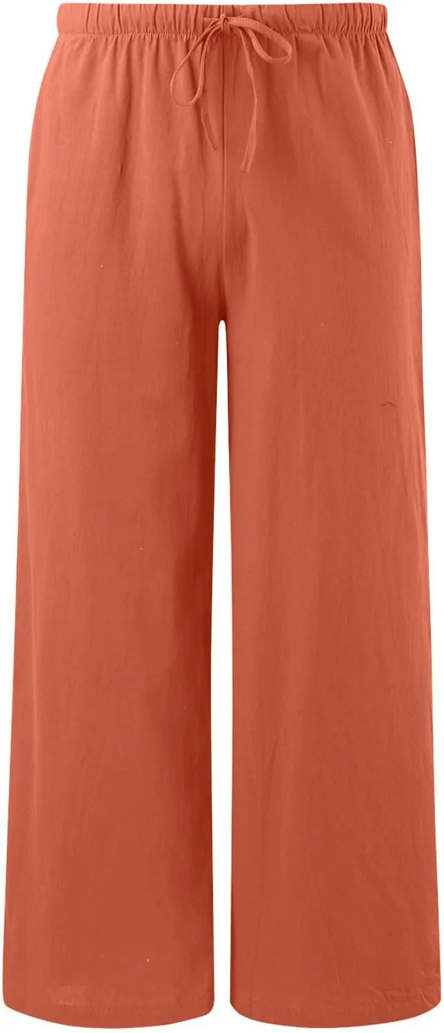 Summer Linen Pants for Womens Wide Leg Baggy Casual Drawstring High Waisted Palazzo Harem Trousers with Pockets