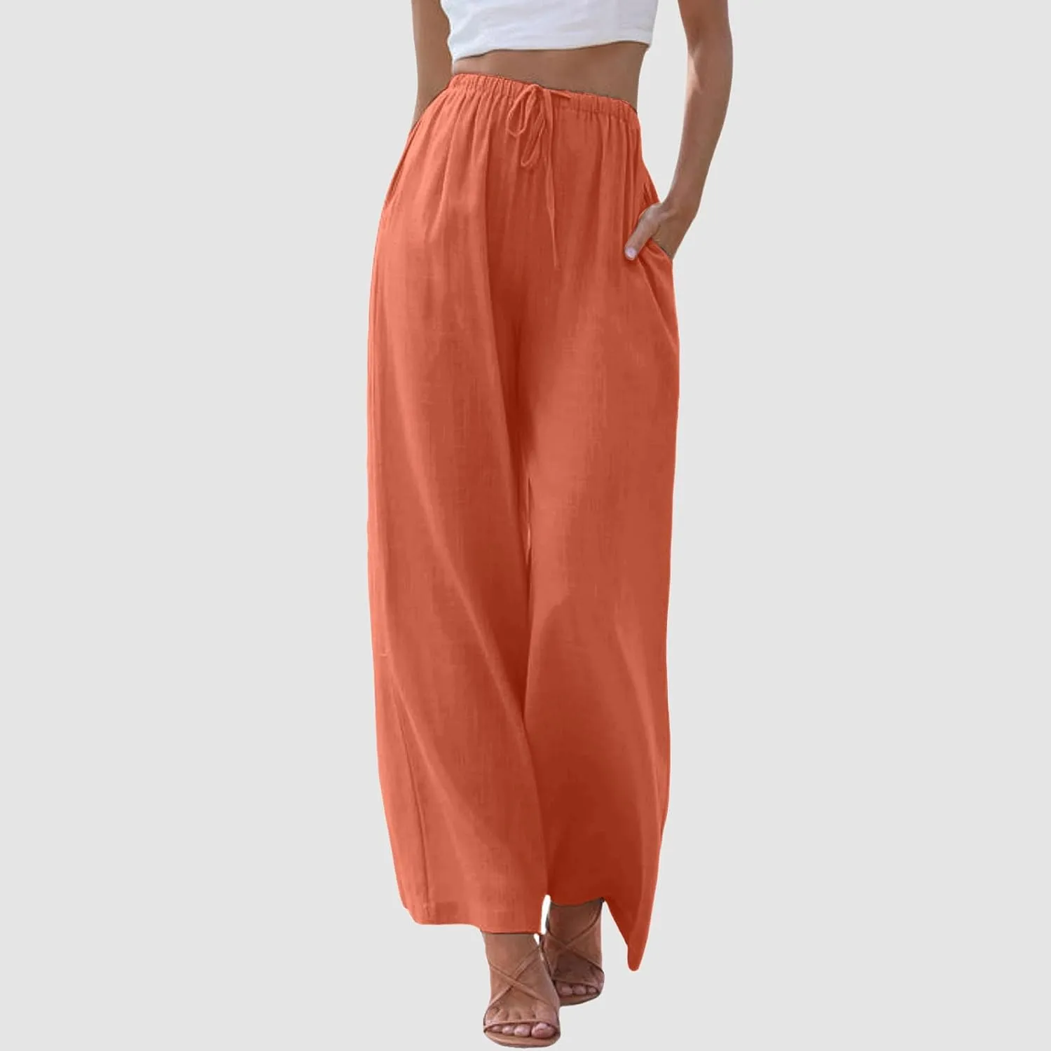Summer Linen Pants for Womens Wide Leg Baggy Casual Drawstring High Waisted Palazzo Harem Trousers with Pockets