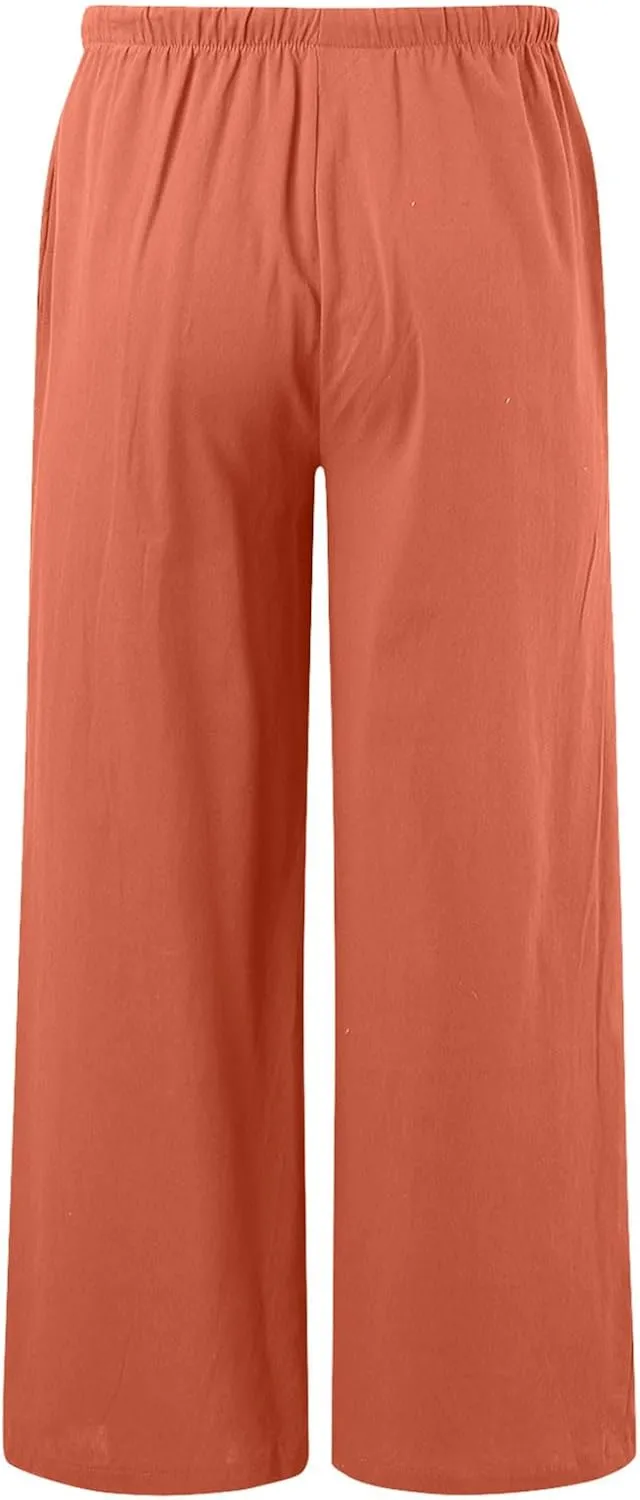 Summer Linen Pants for Womens Wide Leg Baggy Casual Drawstring High Waisted Palazzo Harem Trousers with Pockets