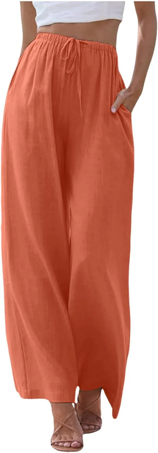 Summer Linen Pants for Womens Wide Leg Baggy Casual Drawstring High Waisted Palazzo Harem Trousers with Pockets