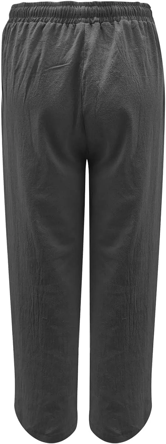 Summer Linen Pants Women Lightweight Wide Leg Palazzo Pants Loose Fit Drawstring Flowy Lounge Trousers with Pockets