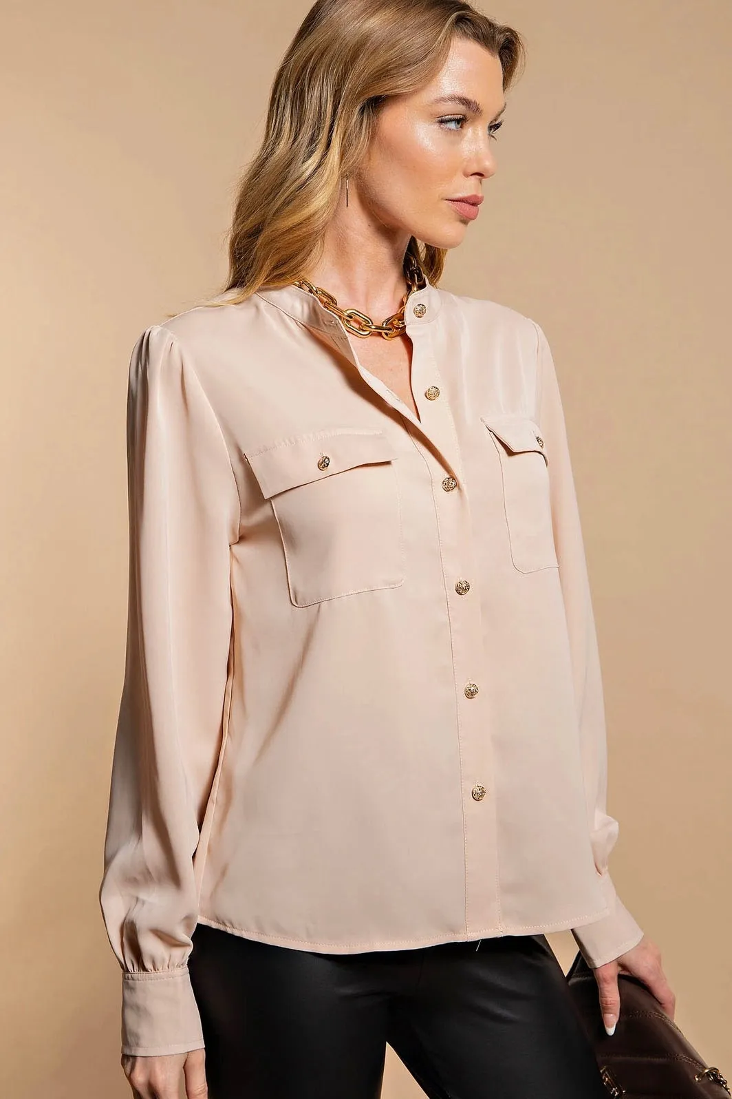 Taupe Silky Shirt Button Up
