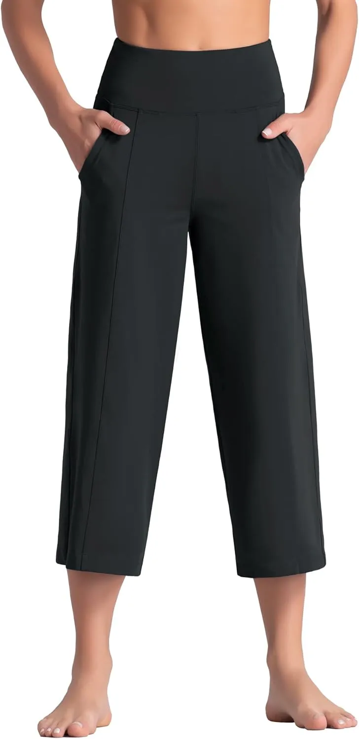 Tmustobe Womens Lounge Yoga Capris Pants Bootleg Tummy Control High Waist Workout Flare Crop Pants with Pockets