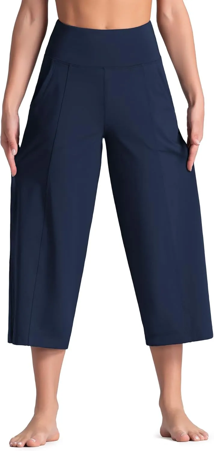 Tmustobe Womens Lounge Yoga Capris Pants Bootleg Tummy Control High Waist Workout Flare Crop Pants with Pockets