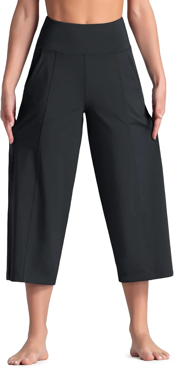 Tmustobe Womens Lounge Yoga Capris Pants Bootleg Tummy Control High Waist Workout Flare Crop Pants with Pockets
