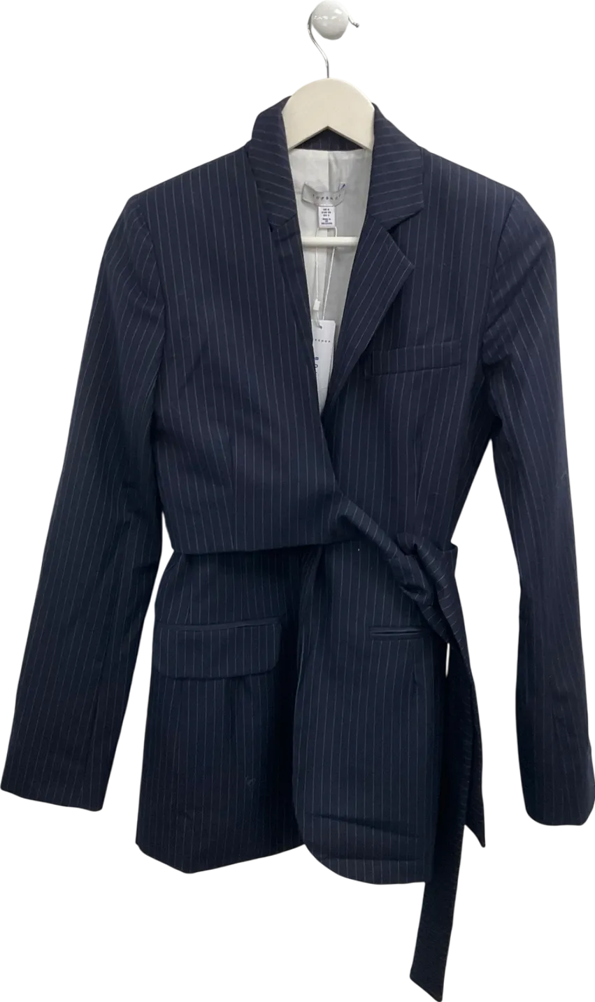 Topshop Blue Pinstriped Navy Tie Up Blazer UK 6
