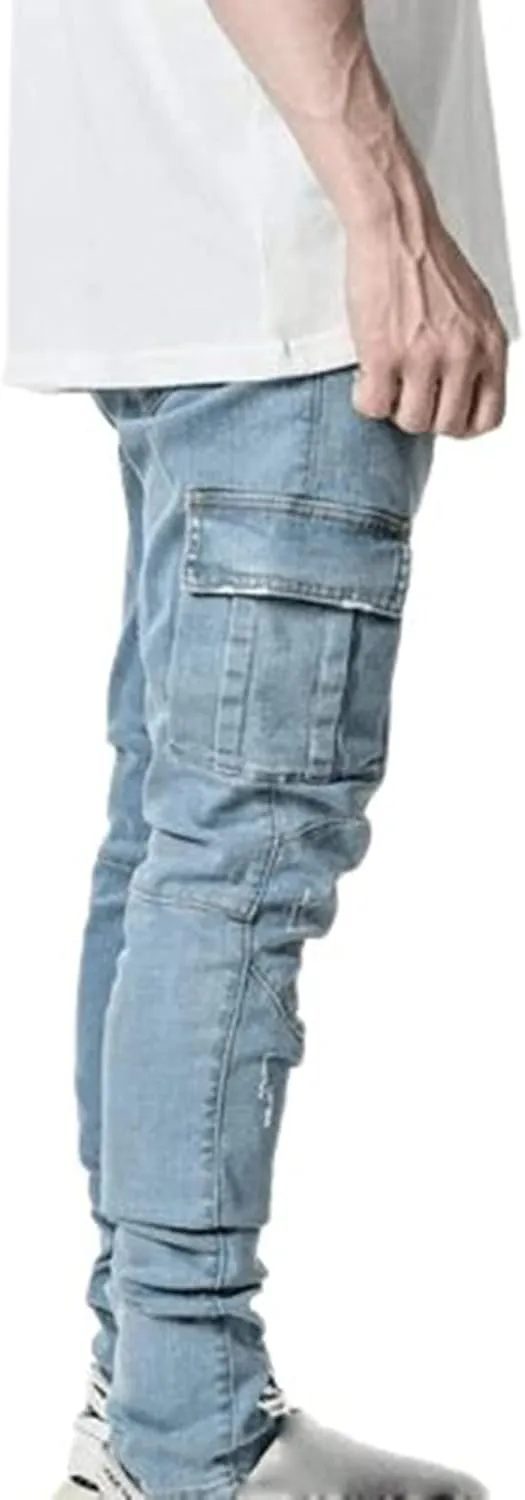 Uillui Men's Slim Fit Jeans Skinny Stretch Multi-Oockets Denim Pencil Pants Motorcycle Ripped Tapered Work Cargo Pants Jeans