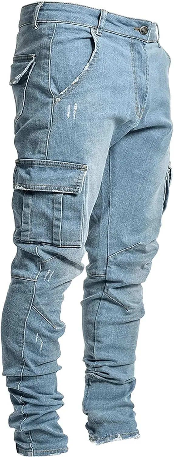 Uillui Men's Slim Fit Jeans Skinny Stretch Multi-Oockets Denim Pencil Pants Motorcycle Ripped Tapered Work Cargo Pants Jeans