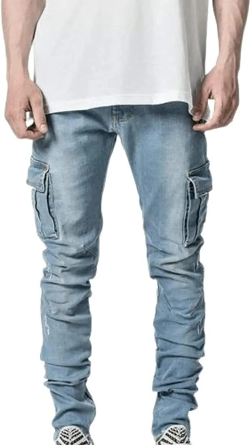 Uillui Men's Slim Fit Jeans Skinny Stretch Multi-Oockets Denim Pencil Pants Motorcycle Ripped Tapered Work Cargo Pants Jeans