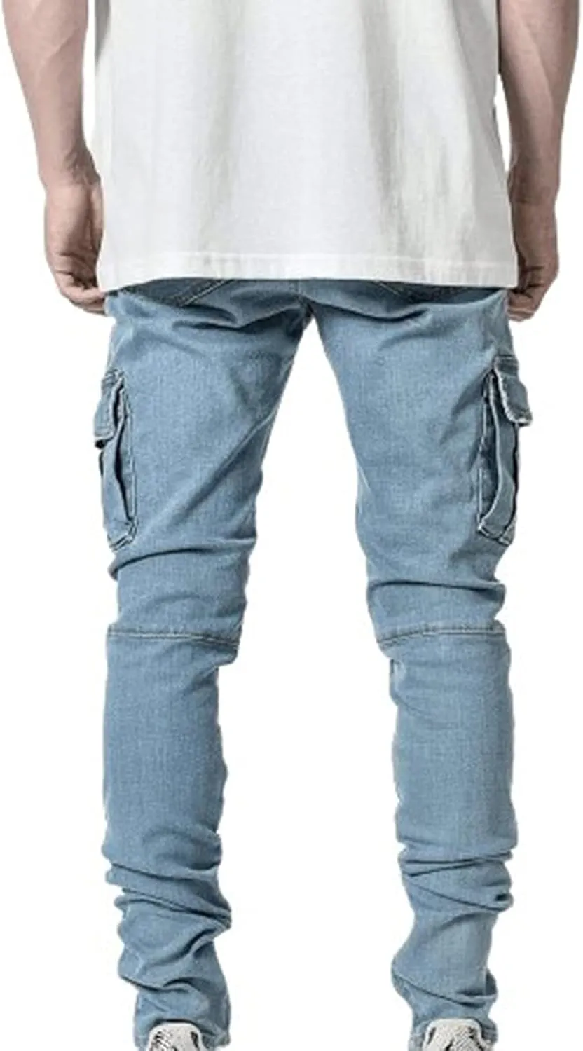 Uillui Men's Slim Fit Jeans Skinny Stretch Multi-Oockets Denim Pencil Pants Motorcycle Ripped Tapered Work Cargo Pants Jeans
