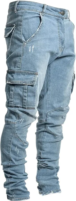 Uillui Men's Slim Fit Jeans Skinny Stretch Multi-Oockets Denim Pencil Pants Motorcycle Ripped Tapered Work Cargo Pants Jeans