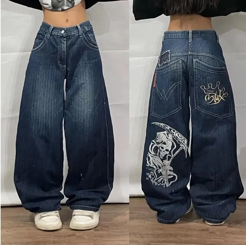 Unisex Y2K Hip Hop Street Jeans with Skeleton Print, Gothic Baggy Jeans, Vintage High Waist Denim, Wide Leg Pants