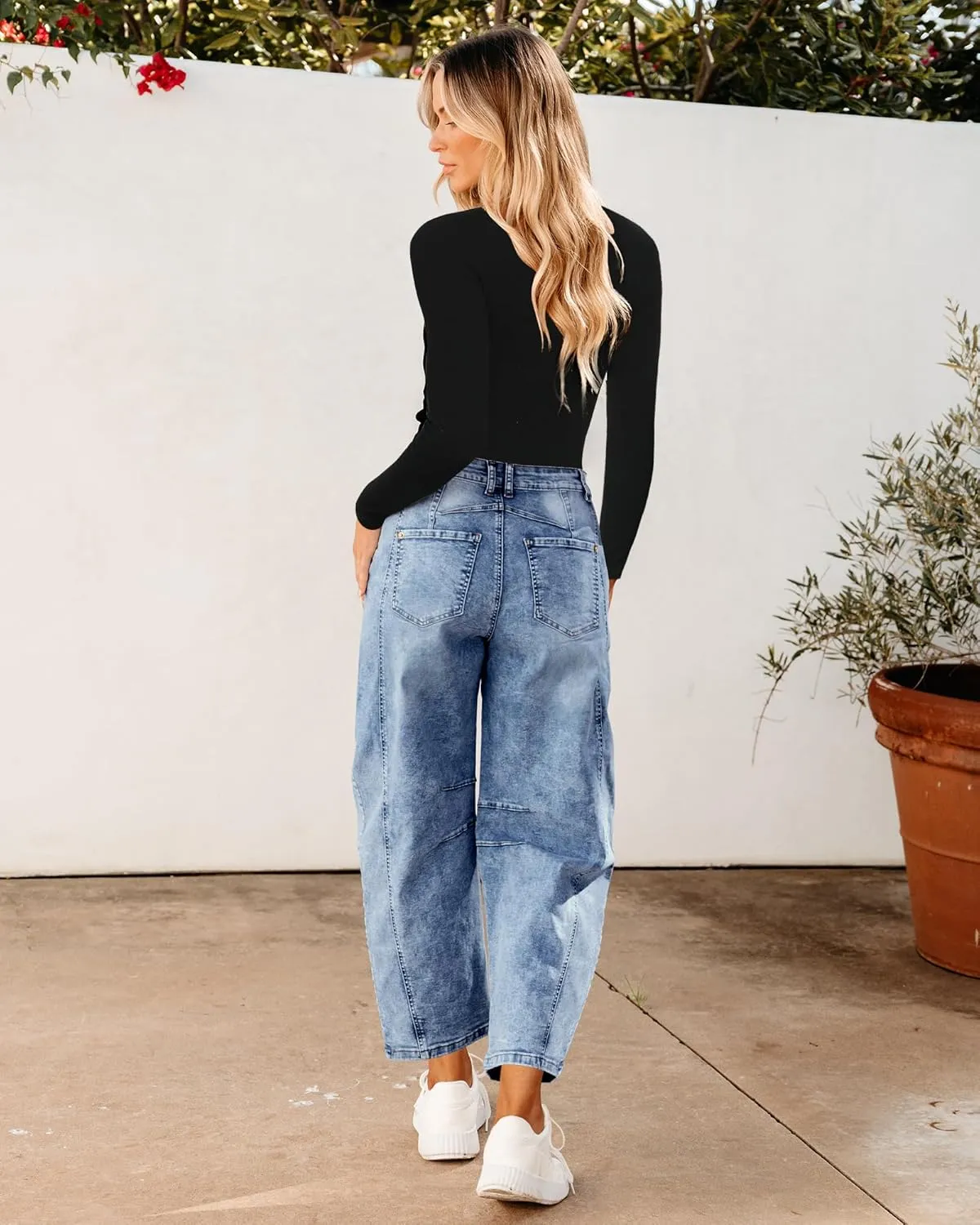 Utyful Barrel Jeans Women Cropped Baggy Trendy High Waisted Distressed Loose Stretch Denim Trouser Jeans with Pockets